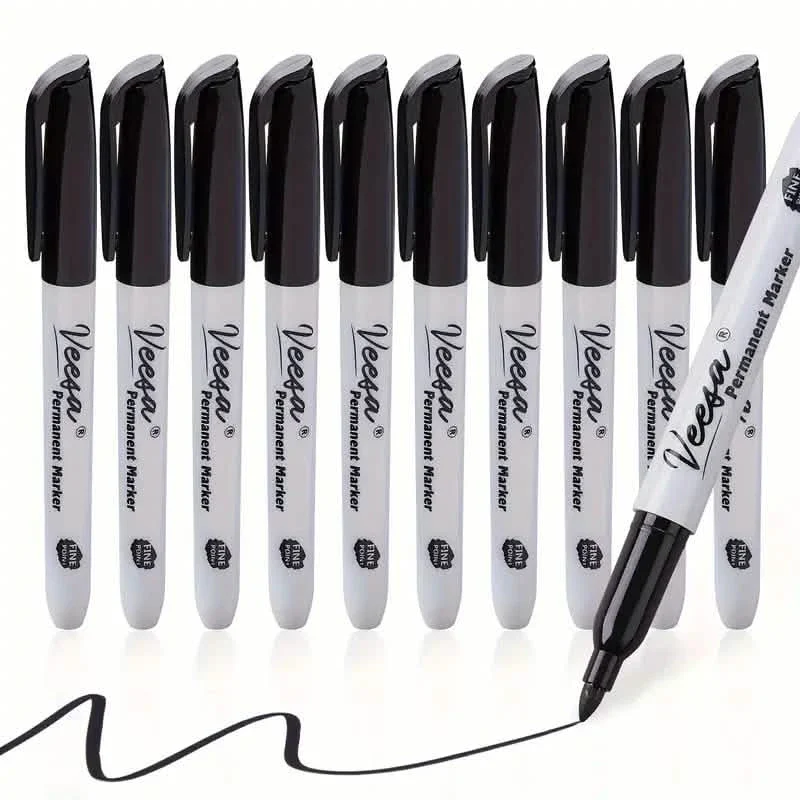 10-Pieces: Black Permanent Markers Fine Tip