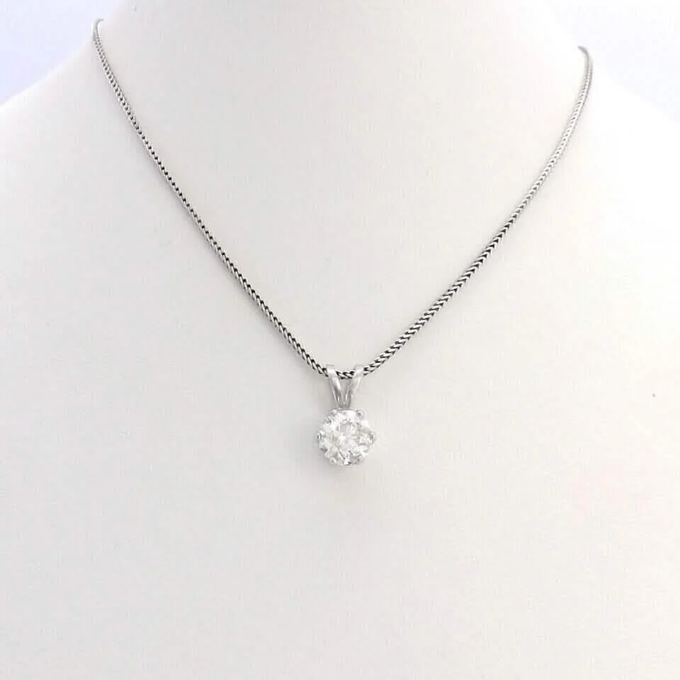 14K White Gold 1Ct Round European Cut Solitaire Diamond Pendant Necklace