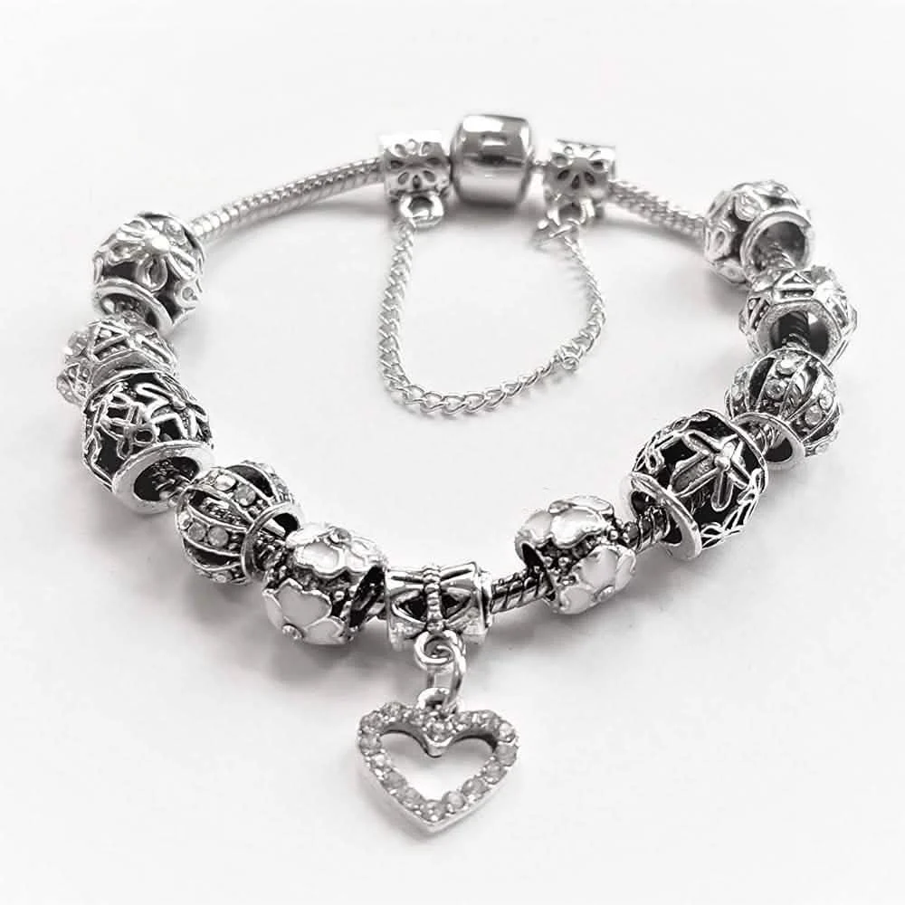 18K White Gold Plated Crystal Heart Charm Bracelet