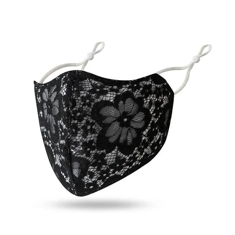 2-Pack: Reusable Washable Fitted Black and White Lace Face Mask