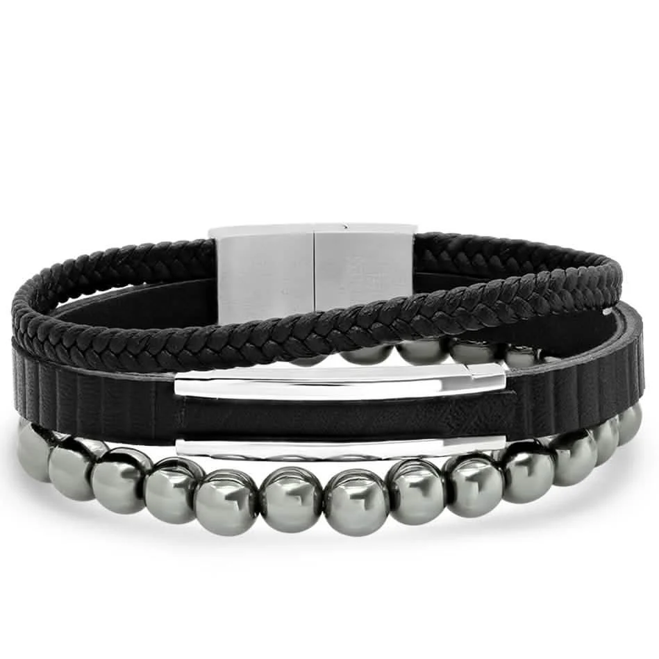 2-Piece Set: Men's Layered Black Leather, Stainless Steel and Hematite Beads Bracelet