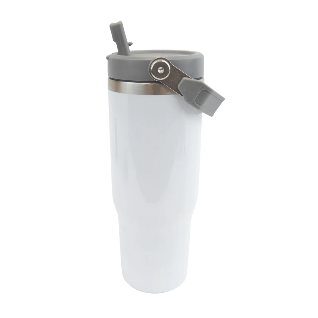 30 oz Glossy Tumbler With Handle and Grey Lid White Flip Top