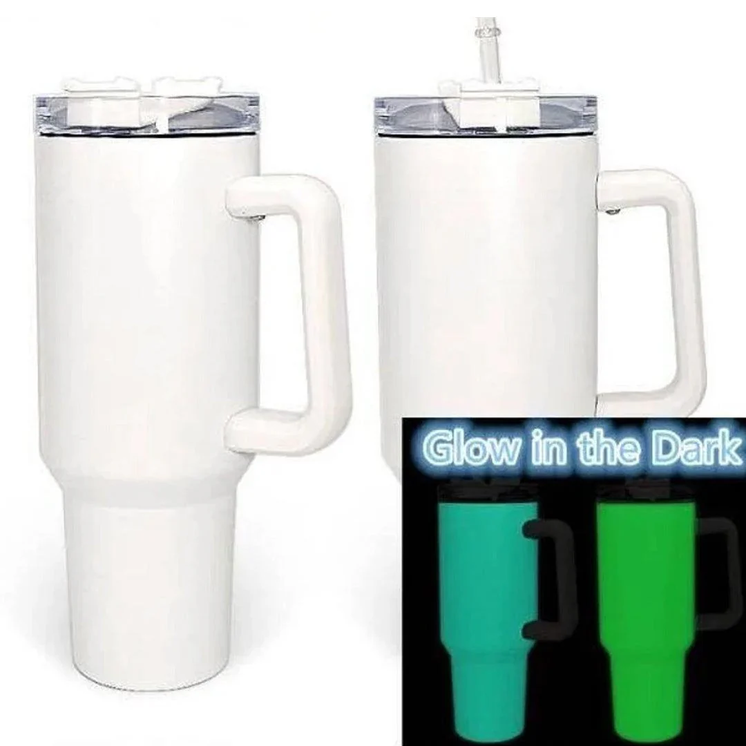 40 oz Sublimation White Glow Green Tall Car Tumbler