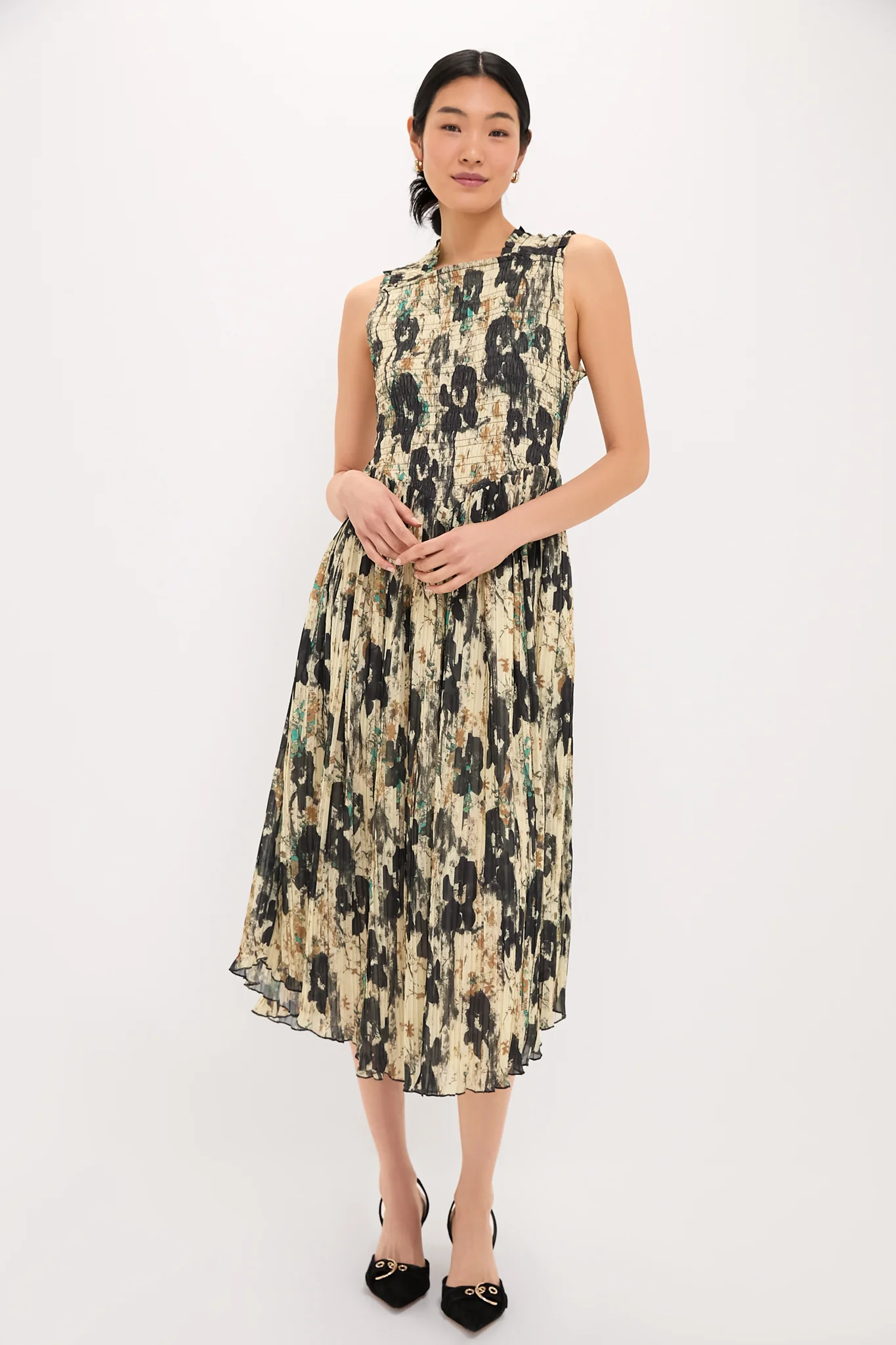 Afterglow Printed Pleats Smock Midi Straps Dress