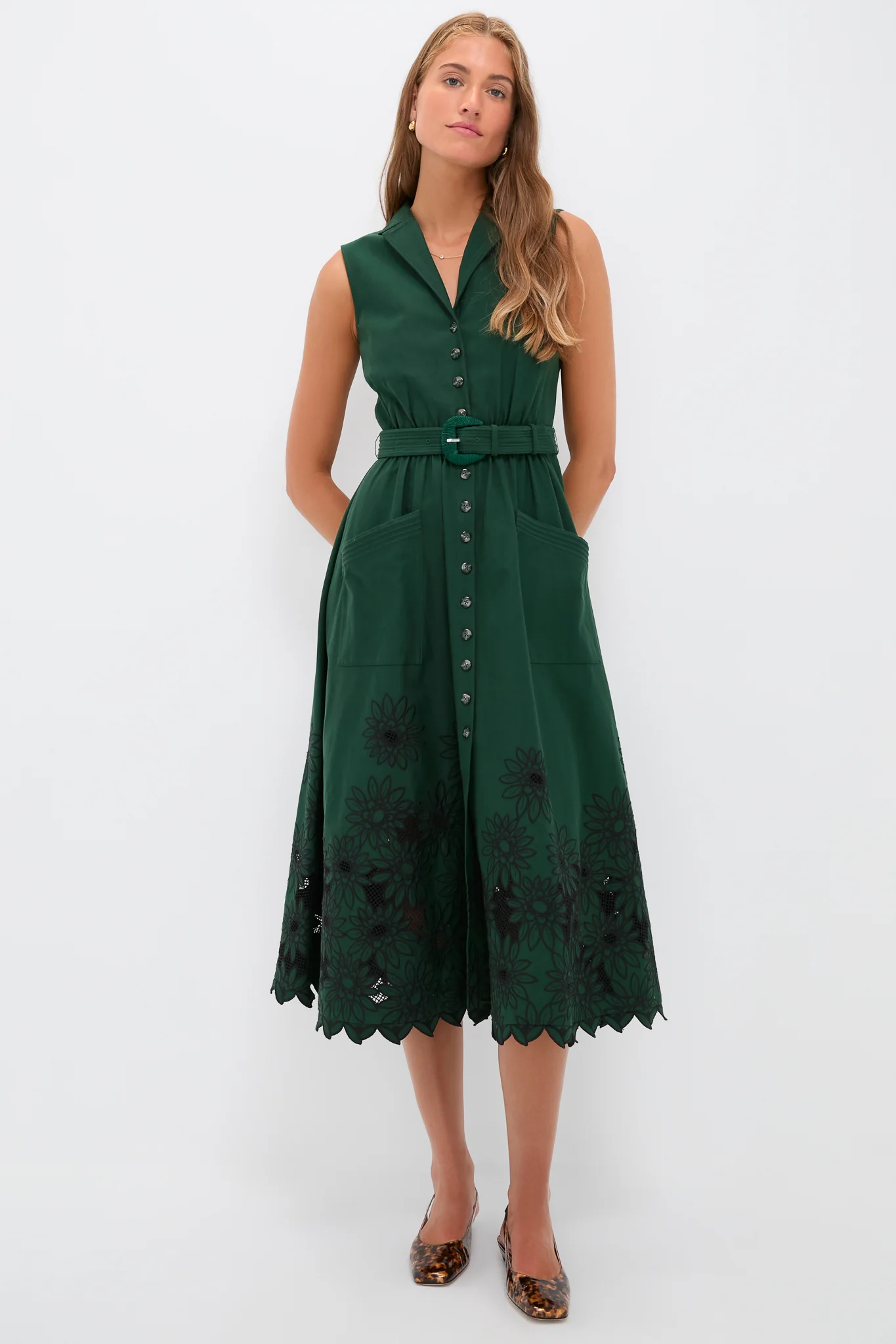 Pine Green Embroidered Kirat Midi Dress