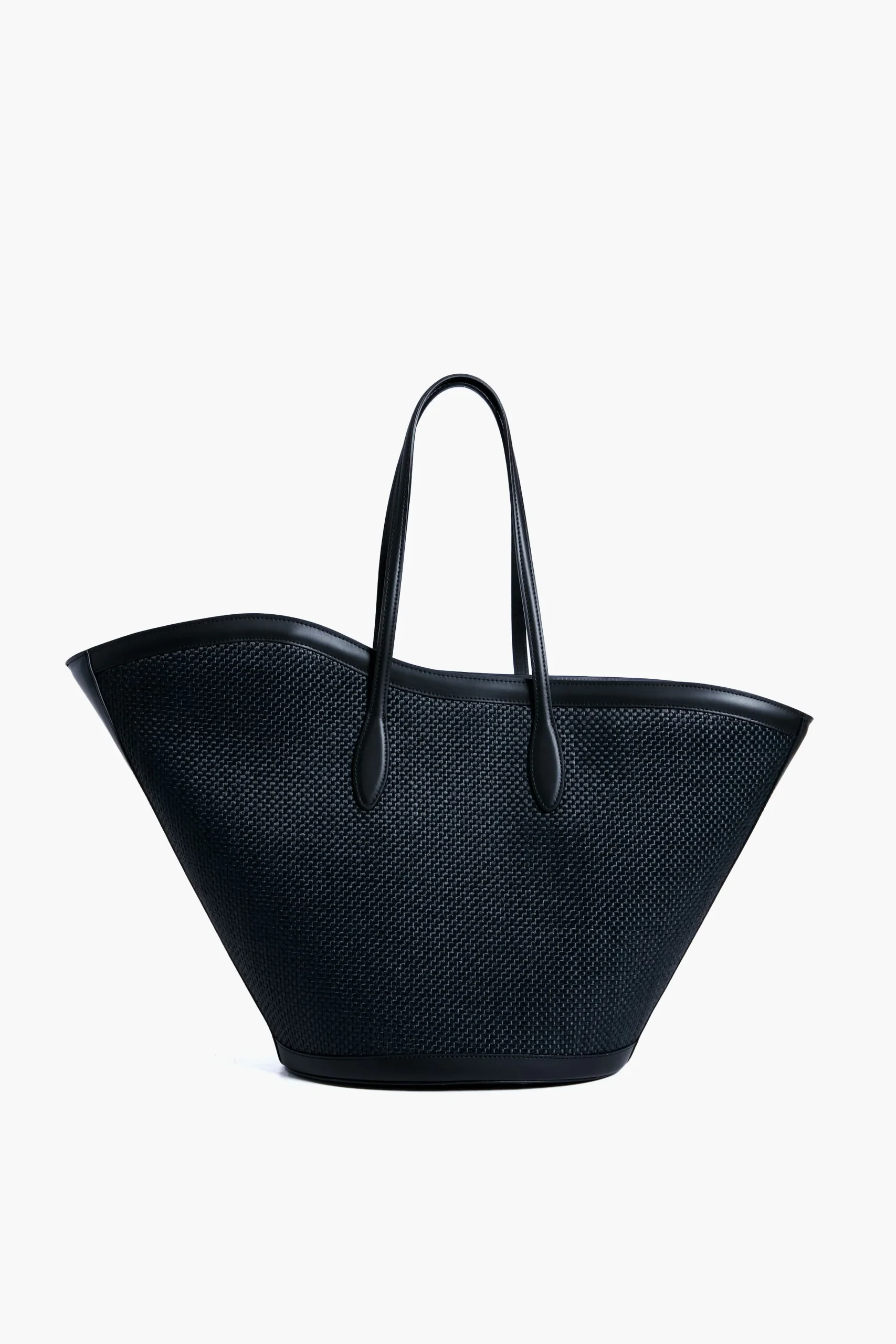 Black Raffia and Leather Open Tulip Large Tote