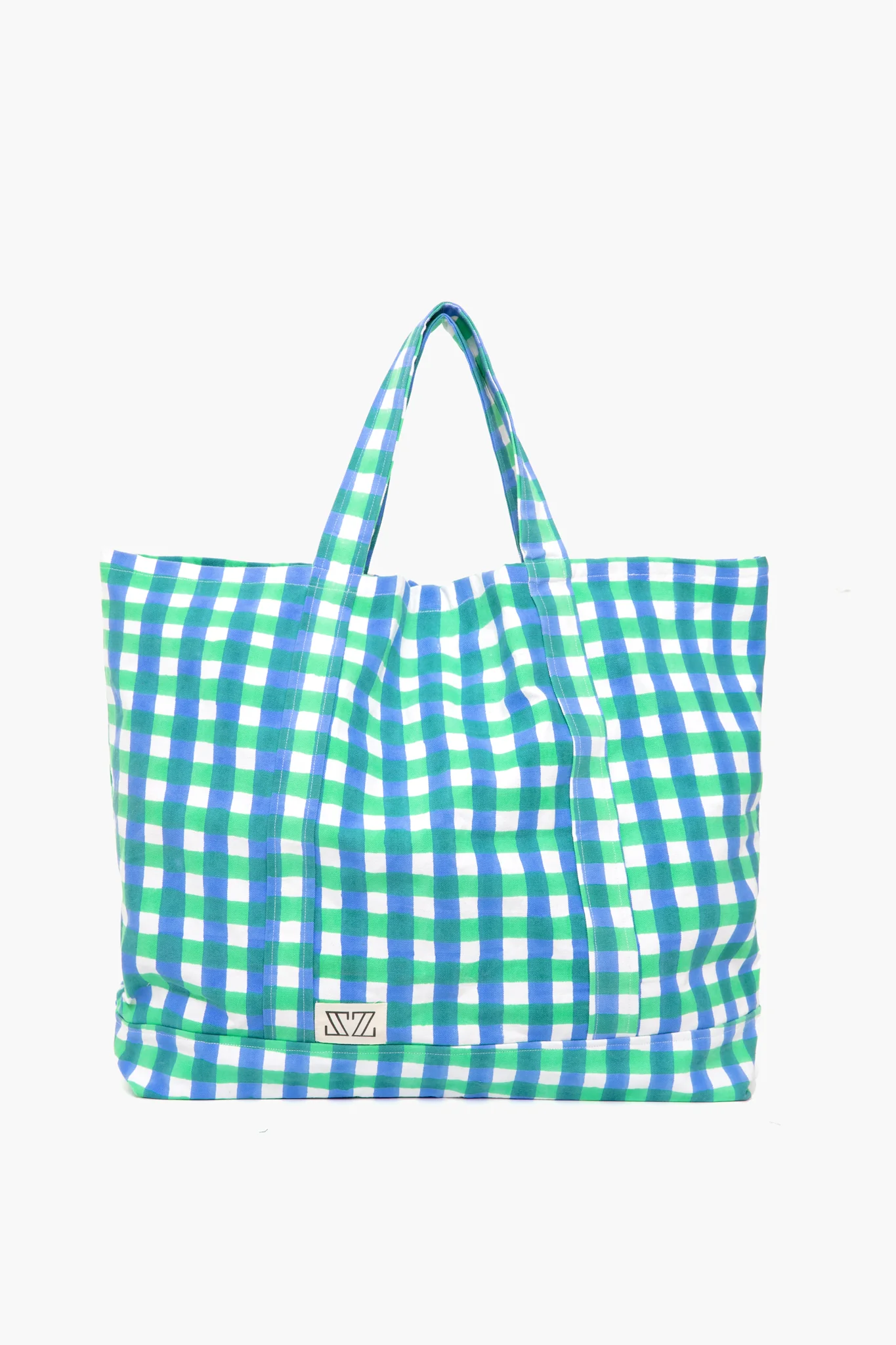 Stem Green and Cornflower Blue Gingham Oversized Tote