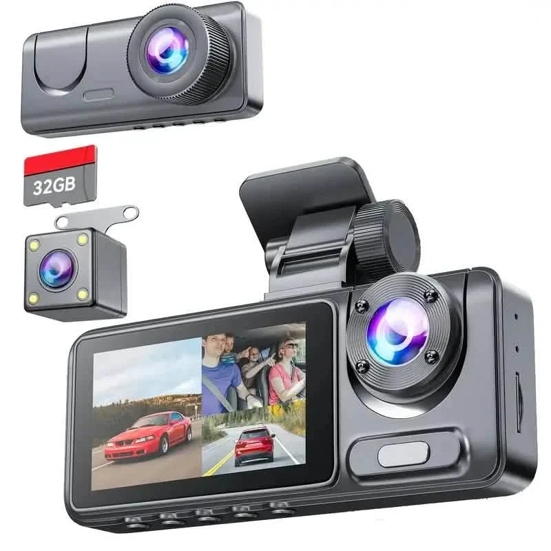 1080P Triple Dash Cam Front, Inside and Rear with 32GB Card, Night Vision, HDR & More