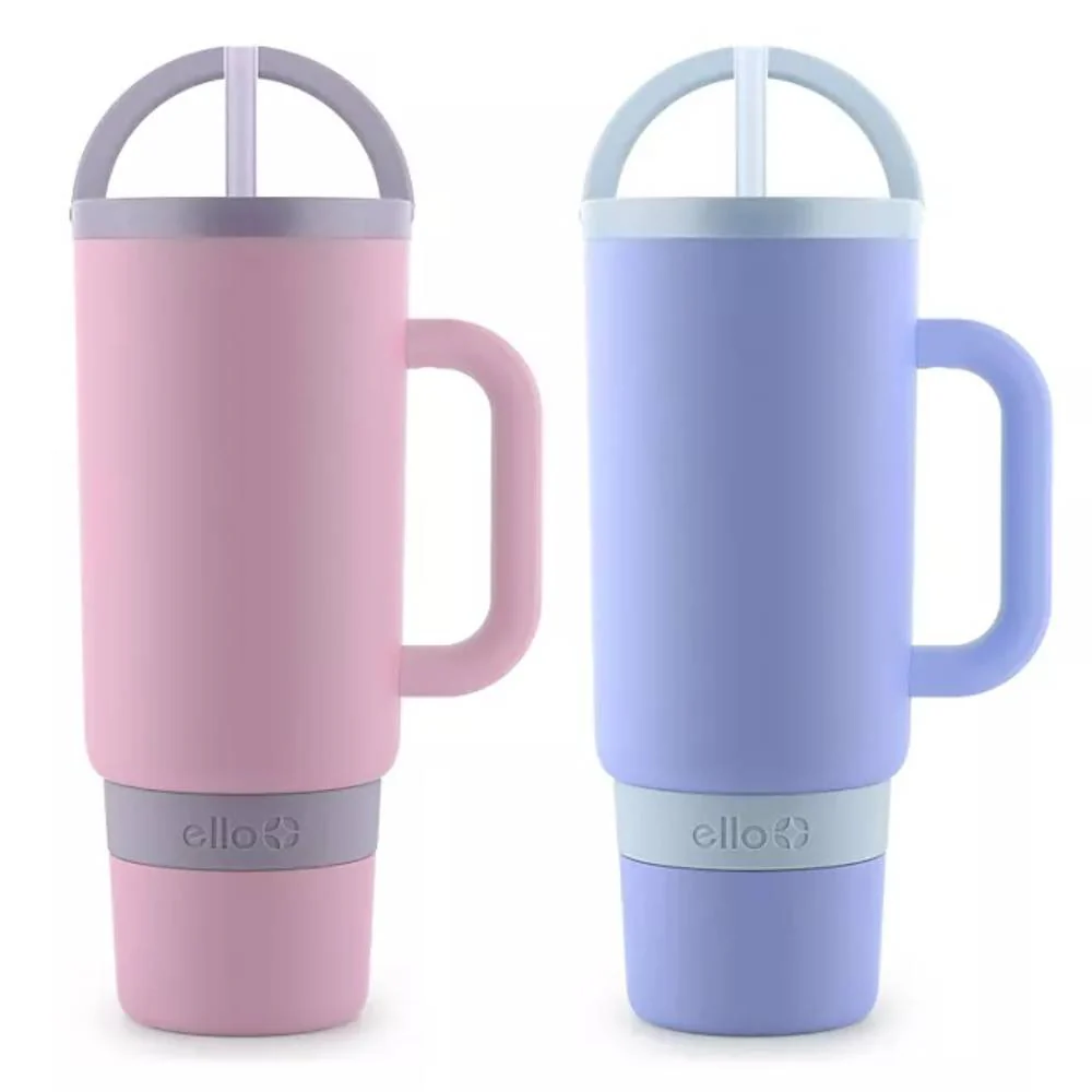 Ello - Port Stainless Steel Tumbler with Handle, Thistle and Cornflower - 40 Oz - 2 Pack