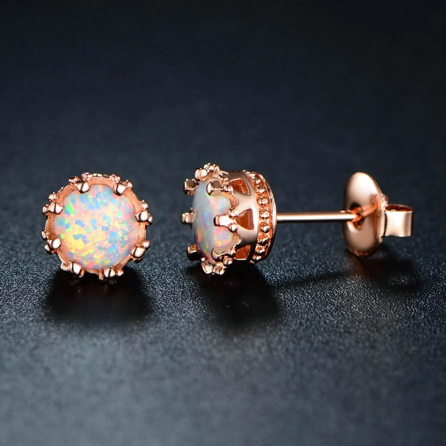 Fire Opal Crown Stud Earrings in 18K Rose Gold Plating