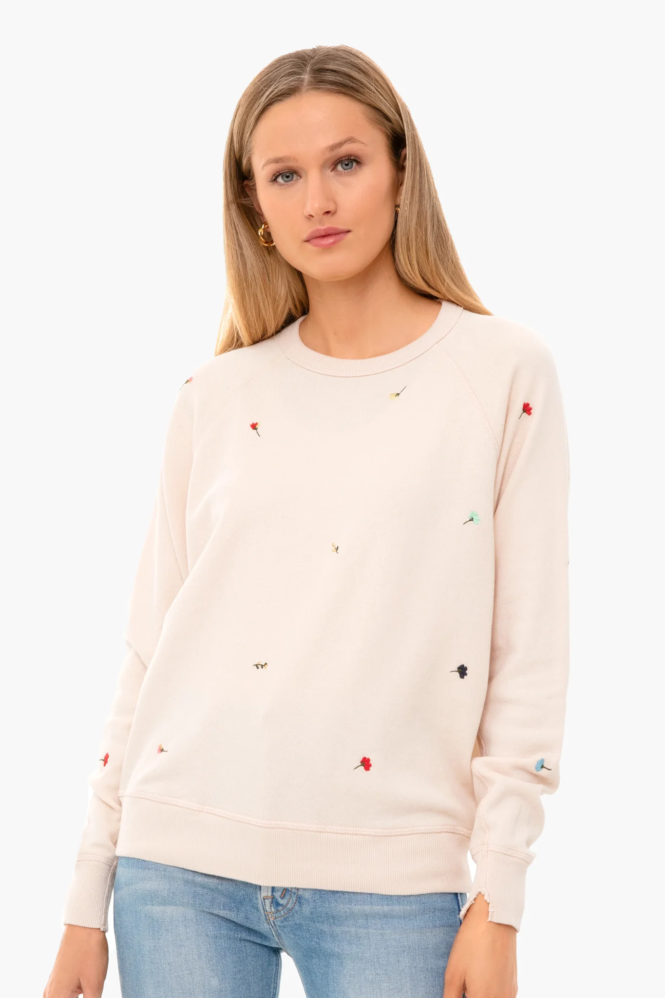 Pink Tossed Floral Embroidery College Sweatshirt