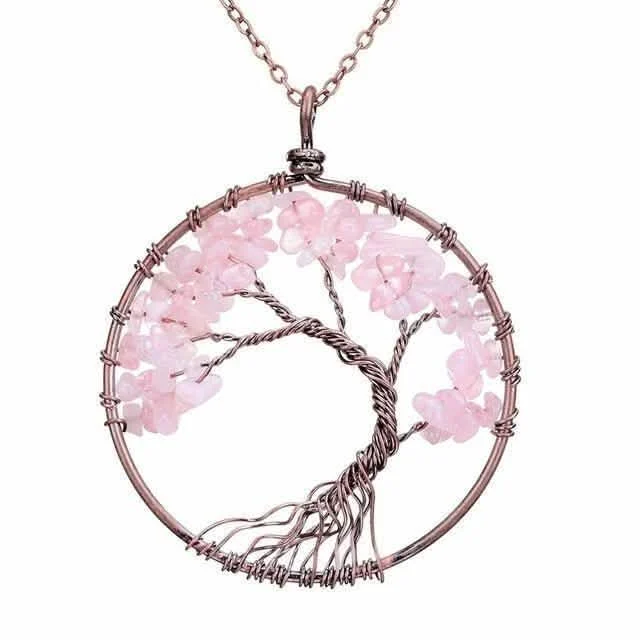 Handmade Genuine Gemstone Chakra Tree of Life Pendant Necklace - Color: Pink
