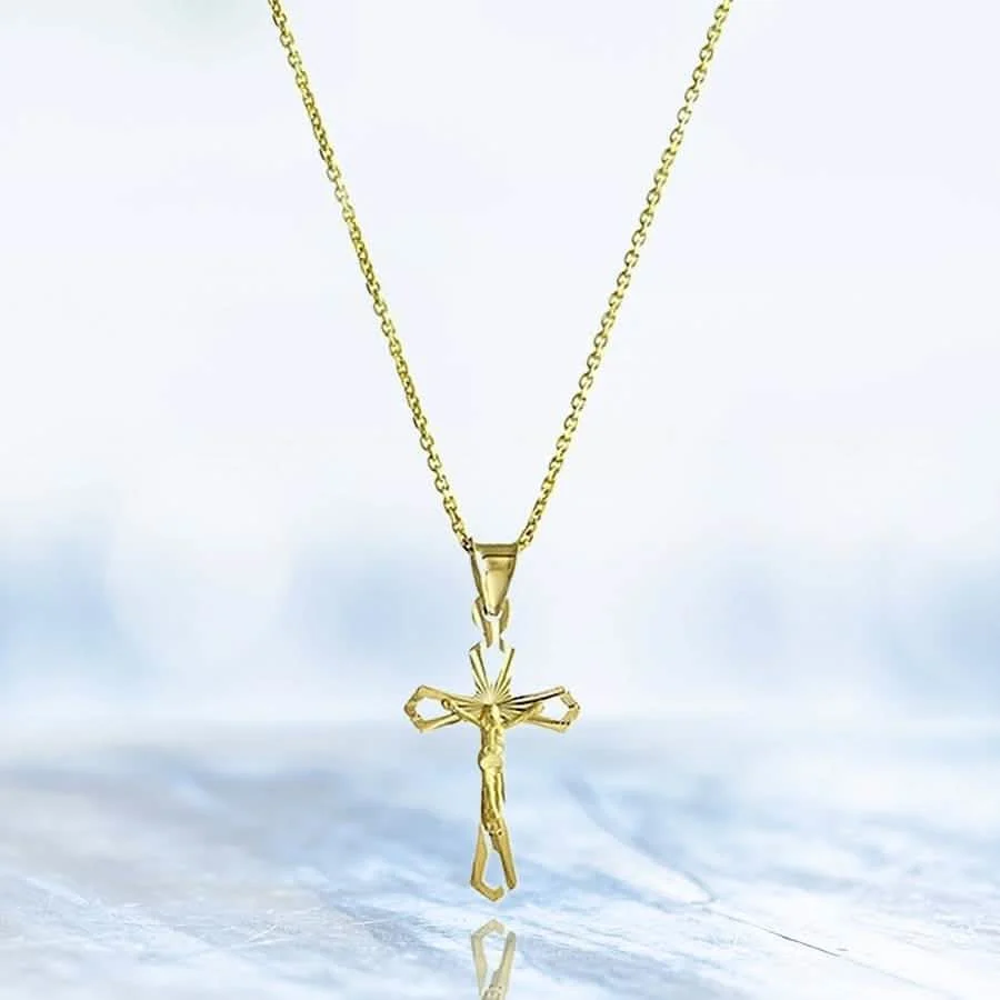 Solid 10K Yellow Gold Diamond Cut Cross Necklace